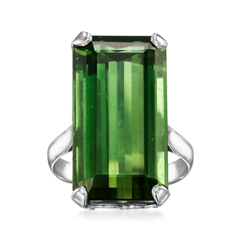 Vintage 10kt white gold ring with large rectangular green tourmaline gemstone