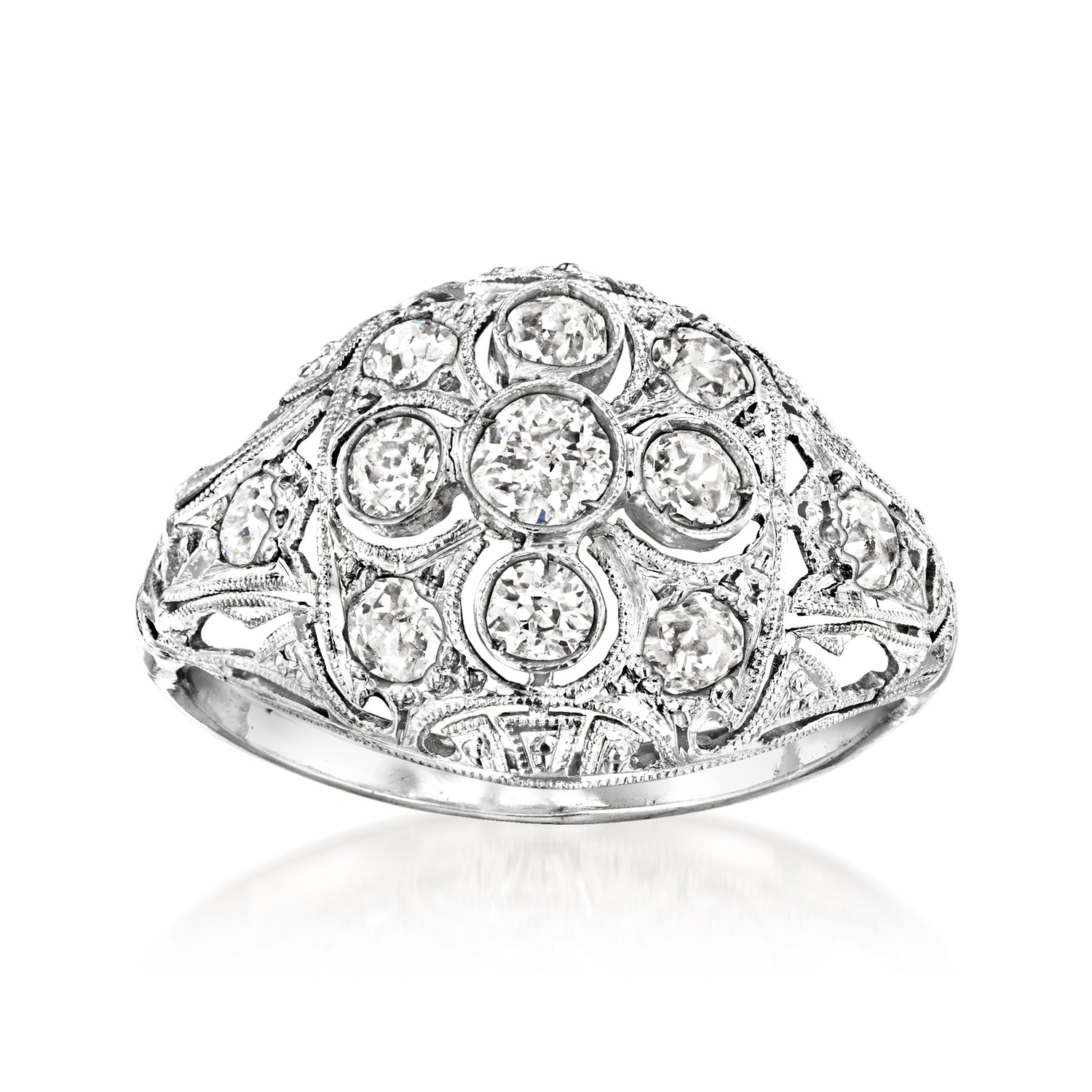 C. 1990 Vintage .85 ct. t.w. Diamond Filigree Ring in Platinum and 14kt White Gold
