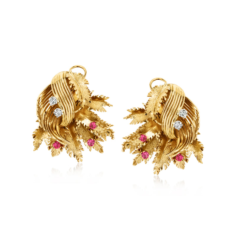 18kt yellow gold leaf earrings with pink ruby drops and clear diamond accents