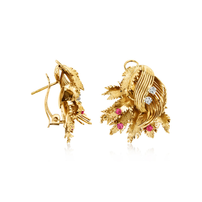 Yellow gold leaf clip/post earrings with pink stones and small round diamond details