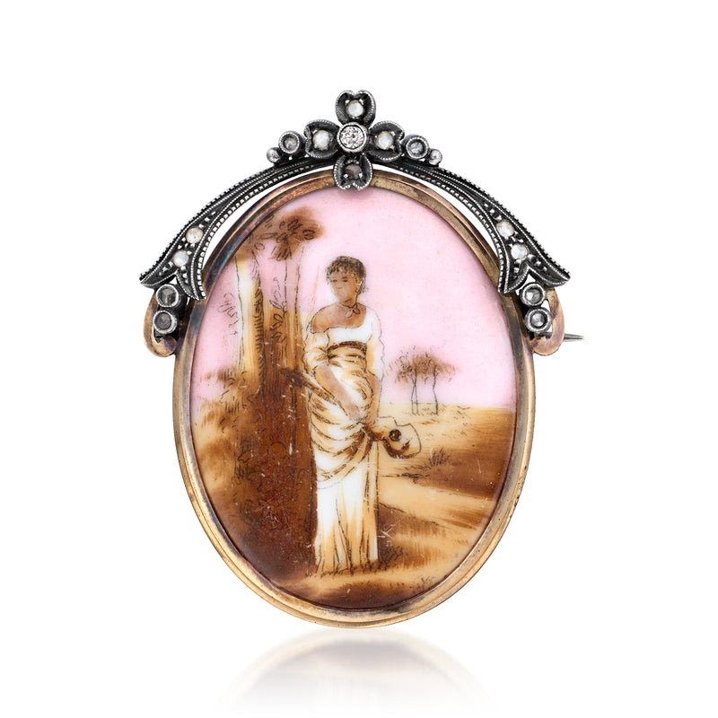 Vintage portrait pin with oval enamel painting, ornate silver-tone bezel, gold frame and tiny stones
