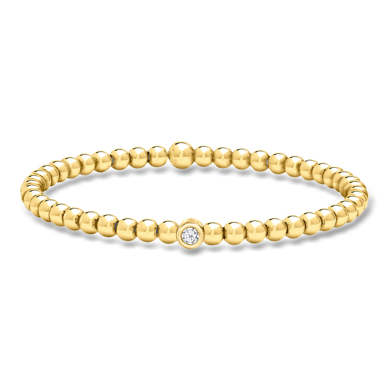 Gold bead stretch bracelet with round halo lab-grown diamond centerpiece