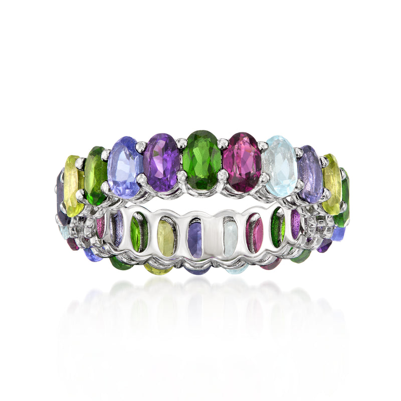 Sterling silver eternity band with multicolor gemstones: purple, pink, green, blue