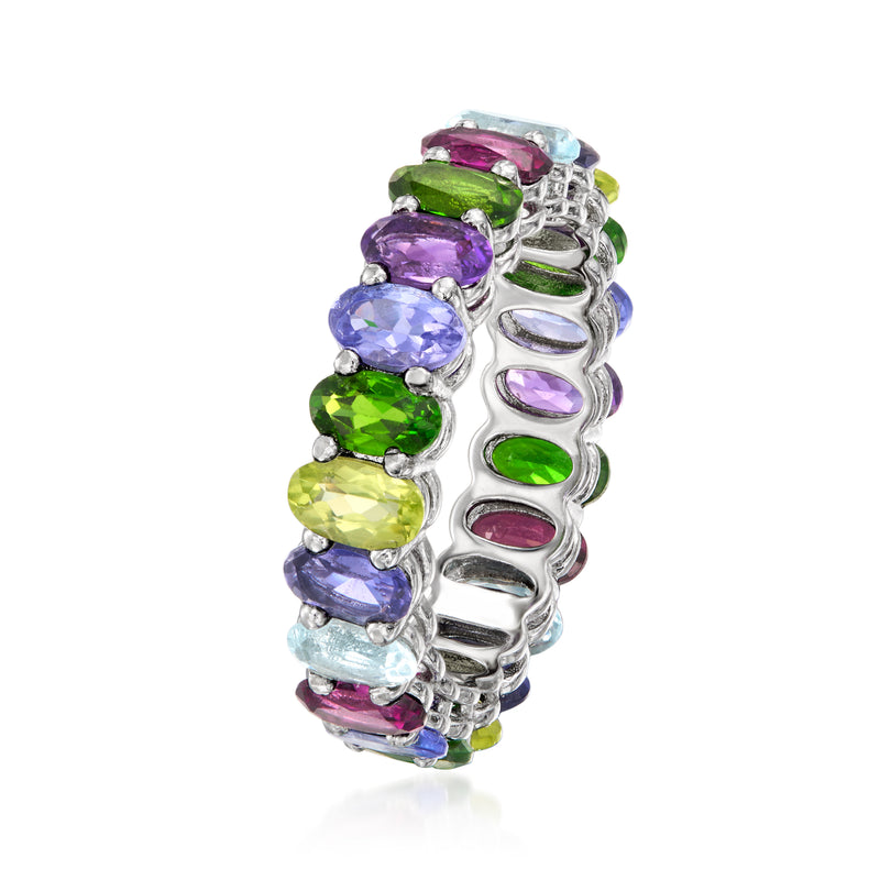 Sterling silver eternity band with oval multicolor gemstones in prong settings