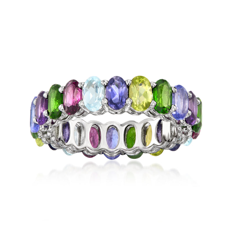 Sterling silver eternity band with purple, blue, lime green, and pink gemstones