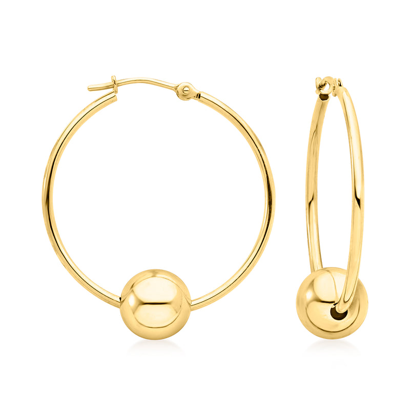 14kt yellow gold hoop earrings with 8mm round bead charm, hinged hoop.