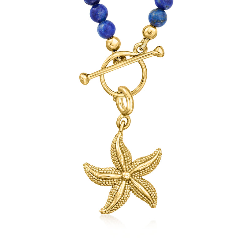 Gold over sterling starfish charm with textured starfish, gold clasp, and blue bead strand