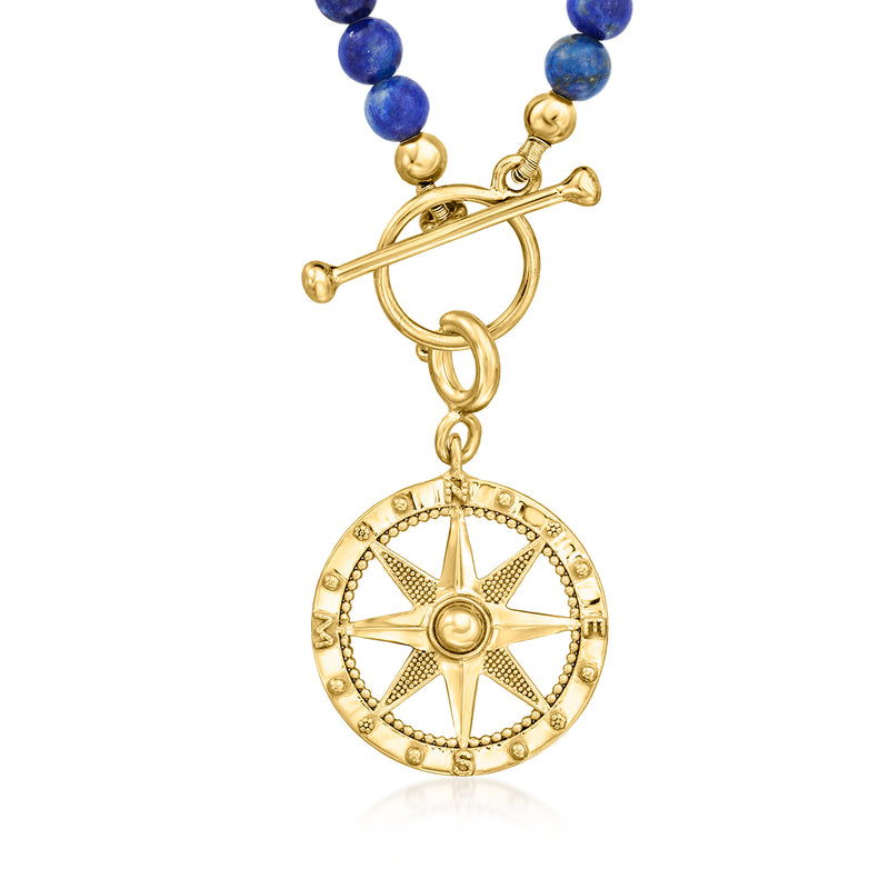 Gold compass charm pendant on blue beads with curved bar and hanging loop