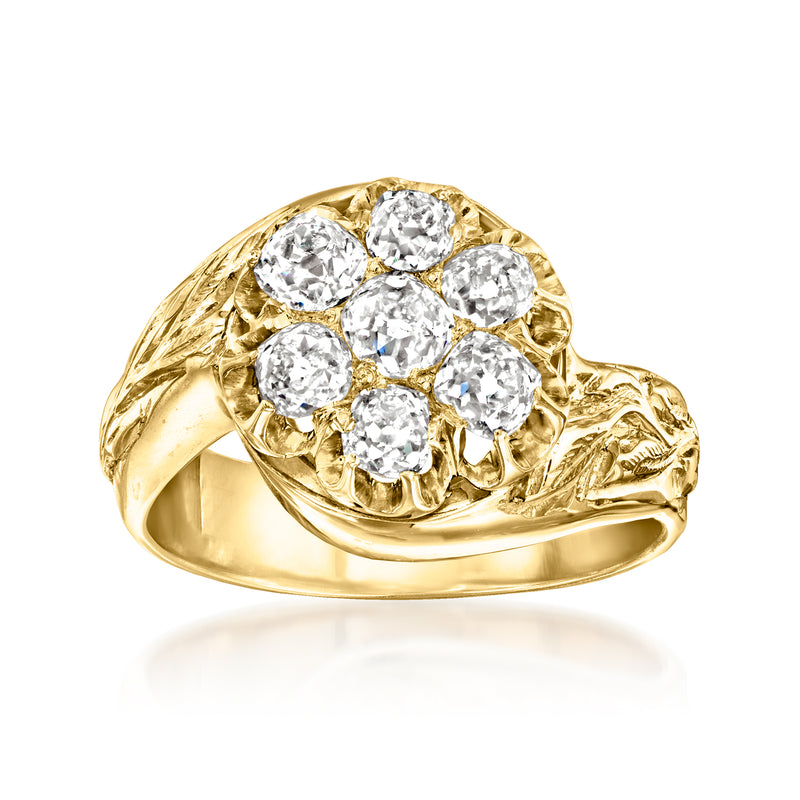 14kt yellow gold flower diamond ring with round stones and ornate setting