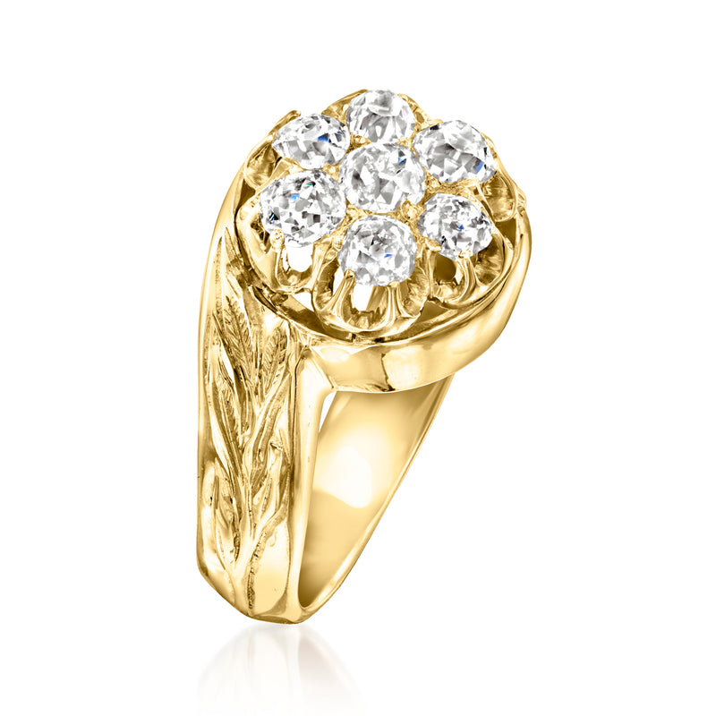 Yellow gold flower diamond ring with round center stones and detailed gallery