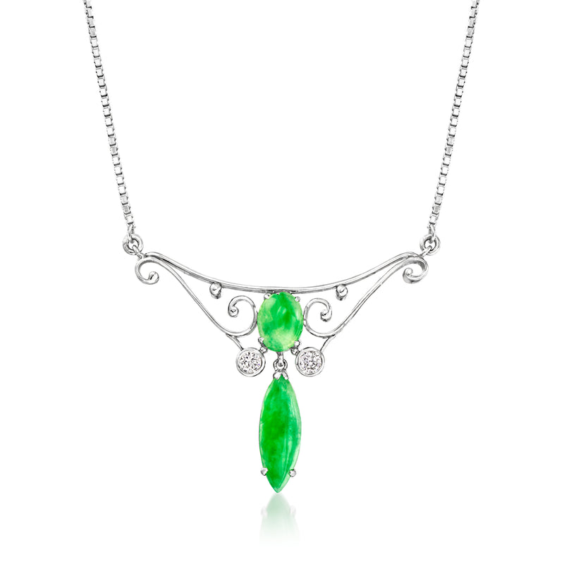 Platinum necklace with green jade swirl drop and small diamond accents