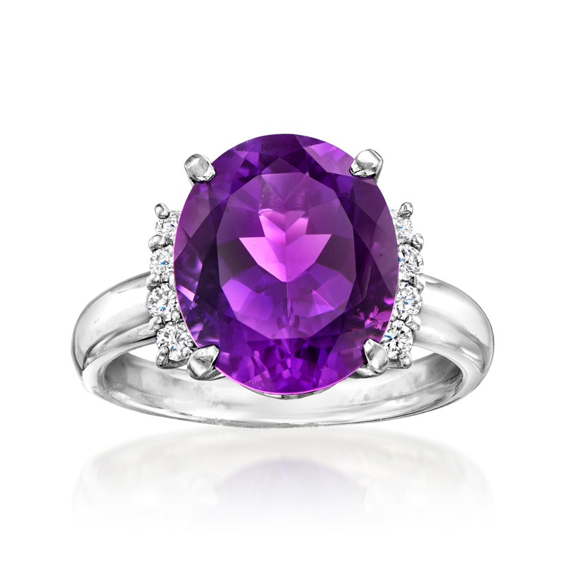 Platinum amethyst oval gemstone ring with diamond side accents and prong setting