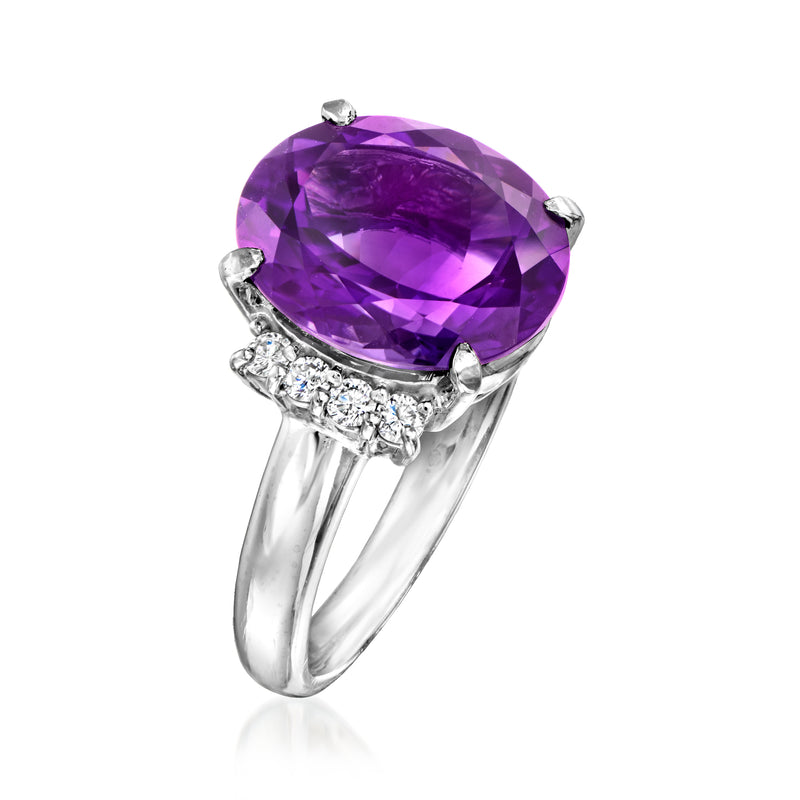 Platinum ring with oval purple amethyst and diamond accents