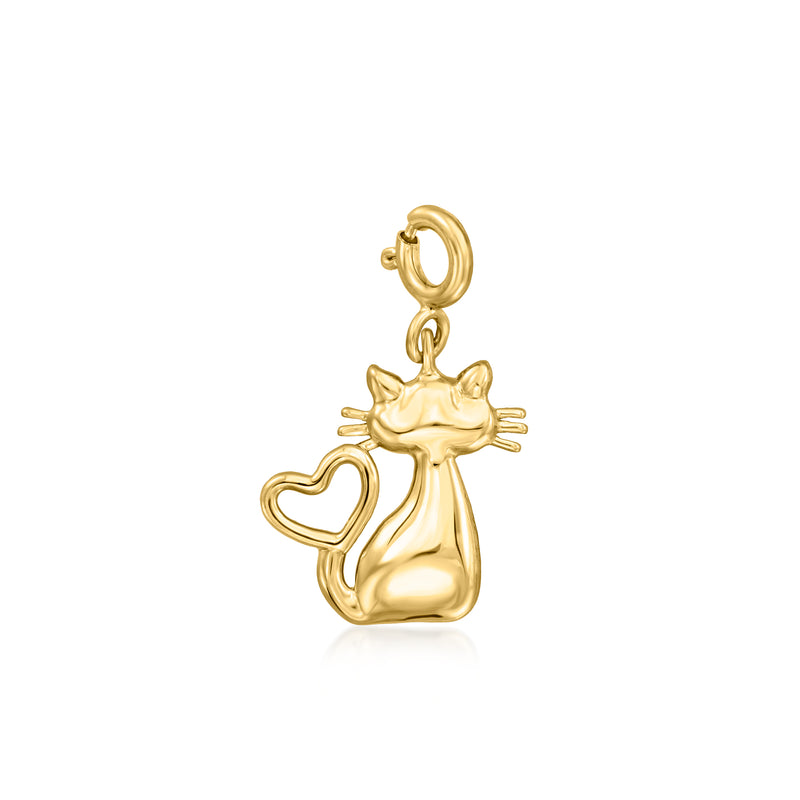 Gold-plated cat charm with heart-shaped tail and loop bail