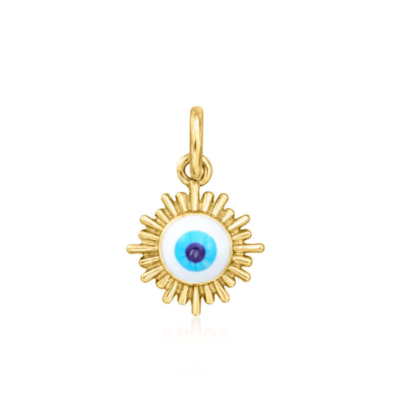 14kt yellow gold evil eye enamel charm with blue and gold sunburst bezel