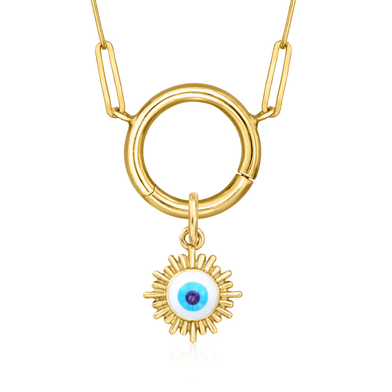 14kt yellow gold evil eye charm on chain with sunburst blue eye and ring
