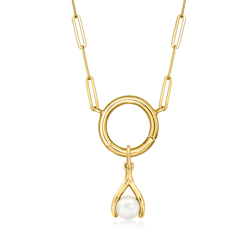 Wishbone pearl charm with 4.5–5mm cultured pearl on 14kt yellow gold chain