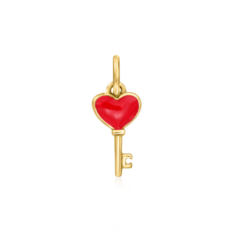 14kt yellow gold key charm with red enamel heart and hanging bail