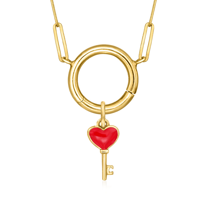 Gold key charm with red enamel heart centered on round ring with two chain links