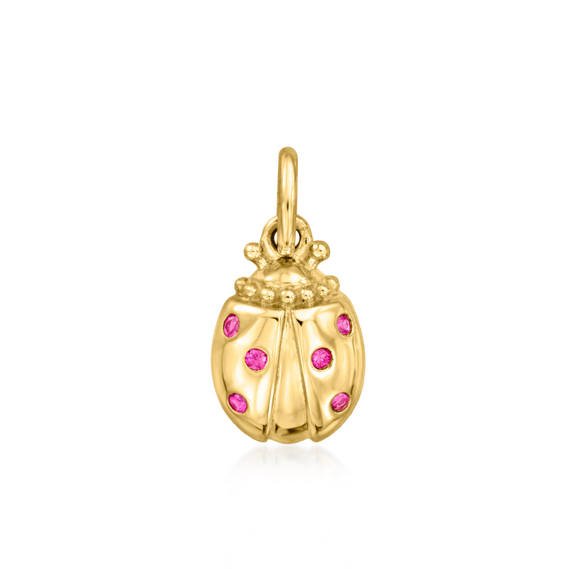 14kt yellow gold ladybug charm with pink ruby accents and hanging loop