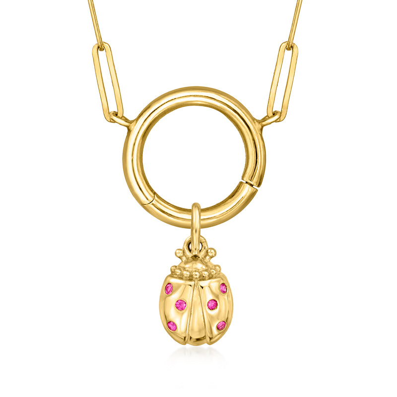 14kt yellow gold ladybug charm with pink ruby spots and circular hanger
