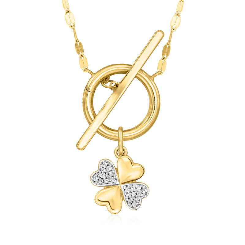 14kt yellow gold four-leaf clover charm on a link chain with diamond-accented leaves