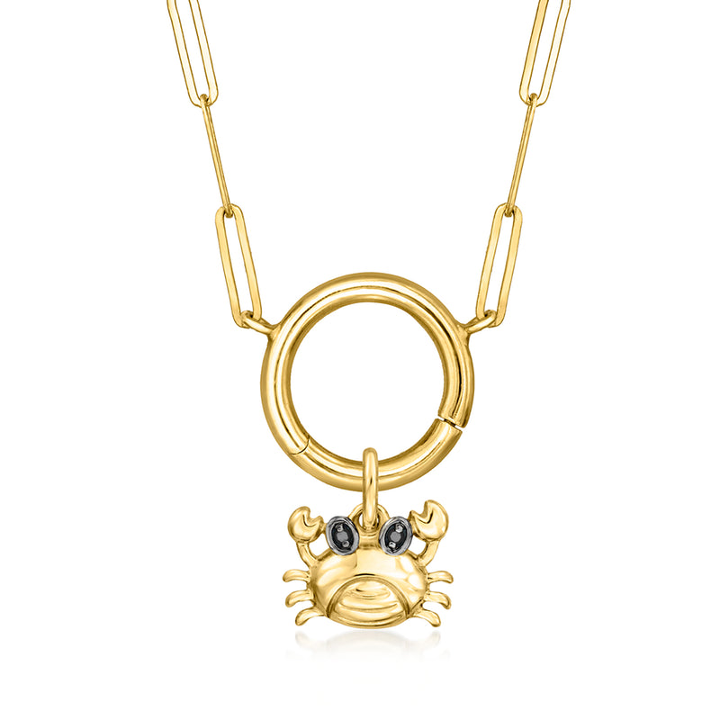 14kt yellow gold crab charm pendant with black diamond eyes on gold chain