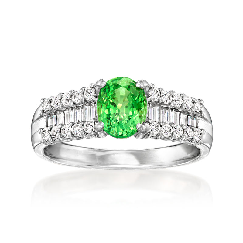 Platinum ring with oval green tsavorite and diamond accents