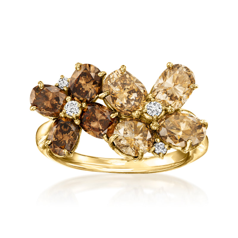 18kt yellow gold flower ring with oval brown, champagne, and white diamonds