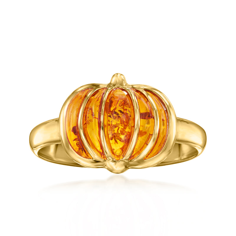 Amber pumpkin ring in 18kt gold over sterling with amber cabochon pumpkin centerpiece