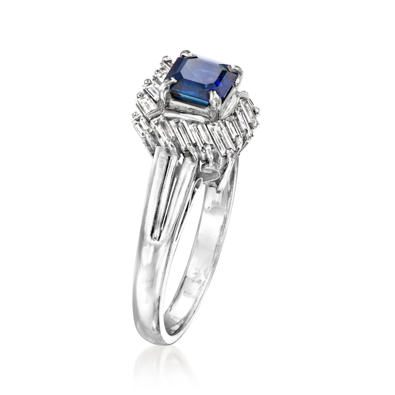 Platinum sapphire and diamond halo ring, octagonal blue stone with prong-set baguettes