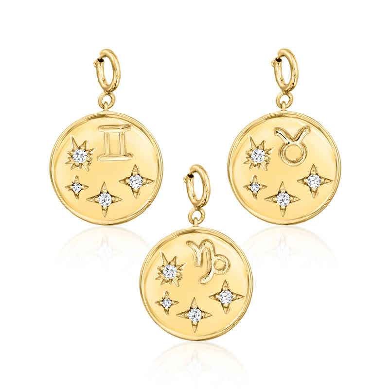 Gold zodiac charm set with three round pendants and star diamond accents