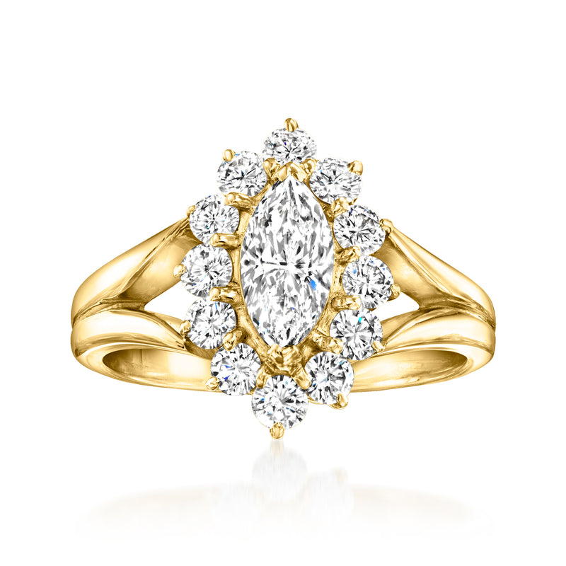 18kt yellow gold diamond cluster ring with pear-shaped center and round side diamonds