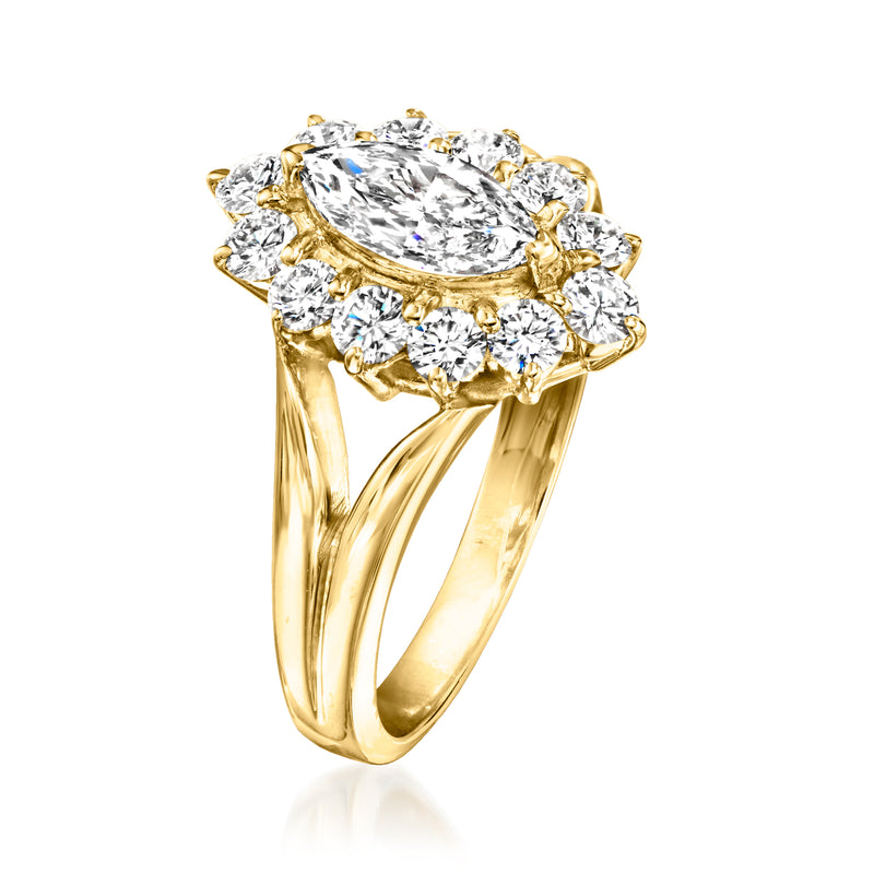 Yellow gold diamond cluster ring with oval center surrounded by round halo diamonds
