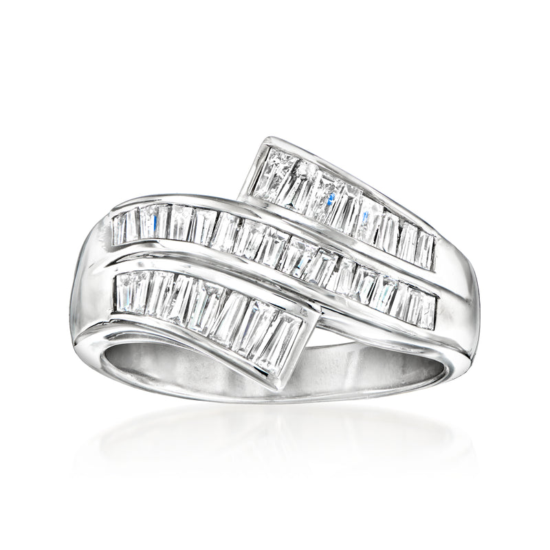 Platinum wave band ring with baguette-cut diamonds, stacked three-row design