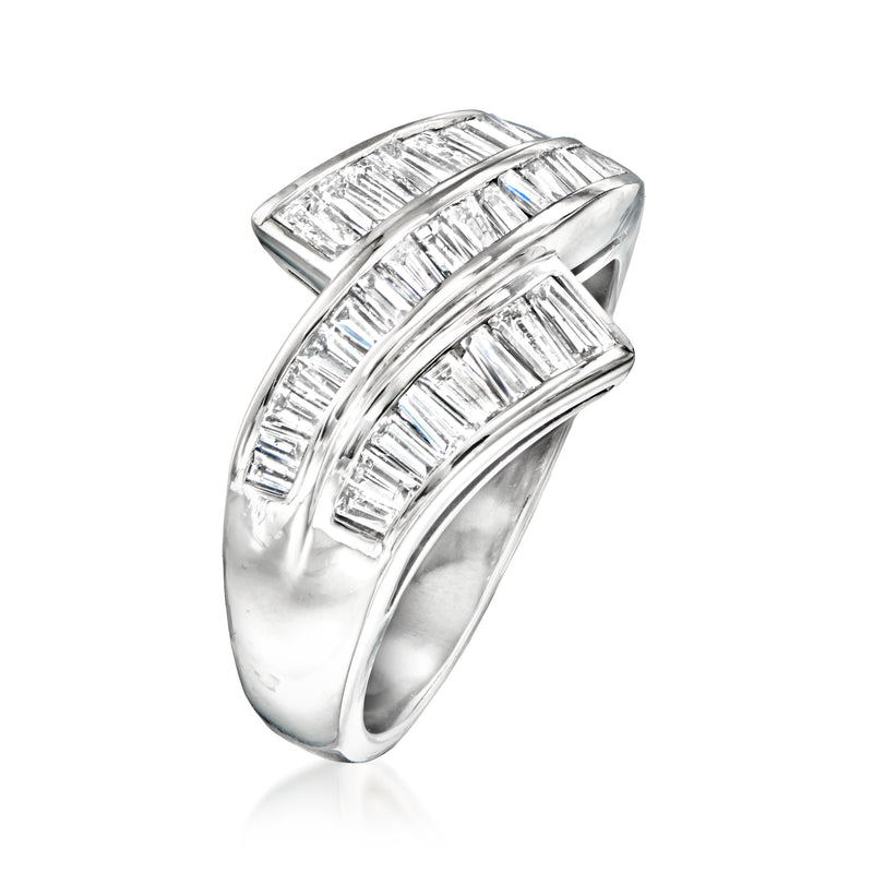 Platinum diamond wave ring with multiple baguette-cut stones, curved two-band look