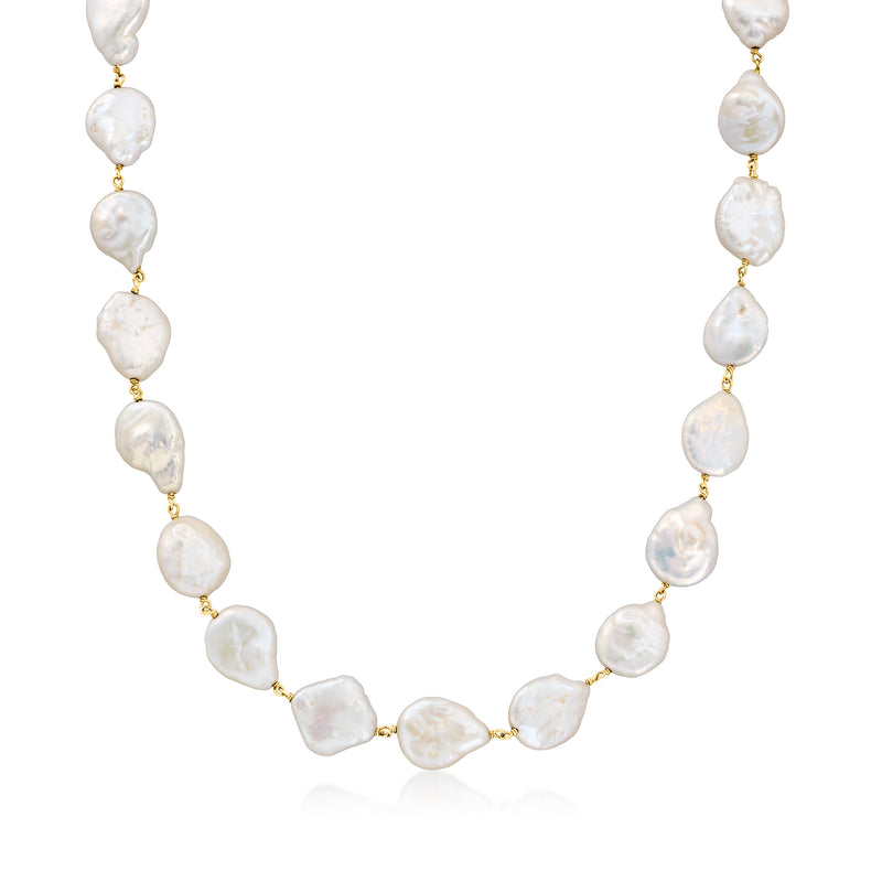 Baroque pearl toggle necklace with irregular white pearls and gold-tone bead links