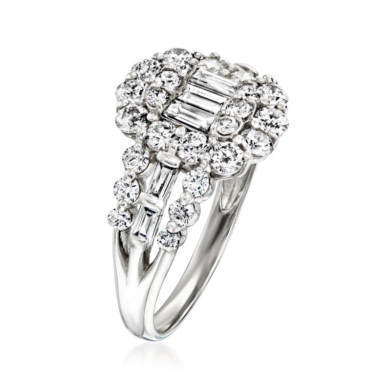 Platinum diamond ring with baguette center stones in round halo cluster