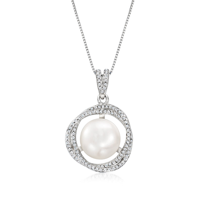 Sterling silver pendant necklace with round cultured pearl and white topaz halo