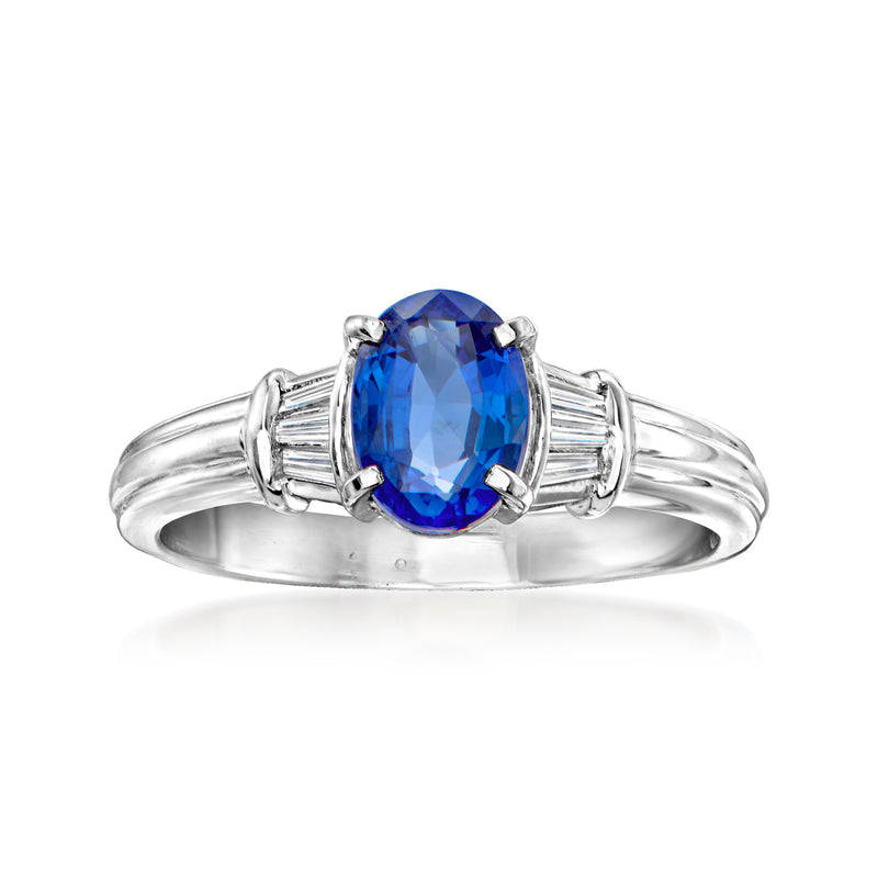 Platinum oval sapphire ring with diamond accents, split shank, polished band