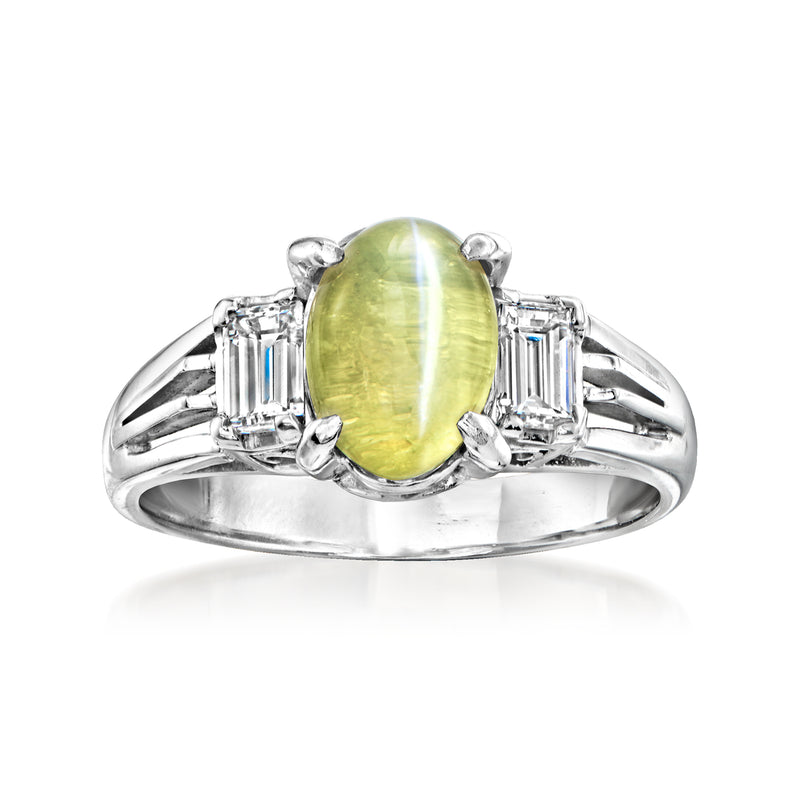 Platinum cat's eye chrysoberyl ring with diamond baguette side stones