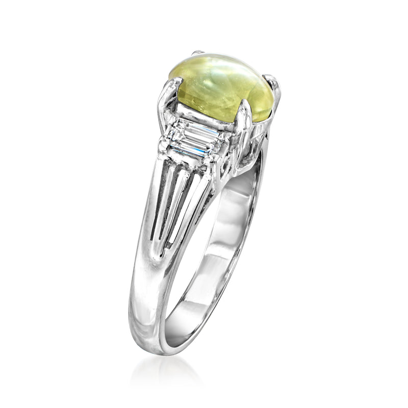Platinum ring with oval cat's eye chrysoberyl and baguette diamond accents
