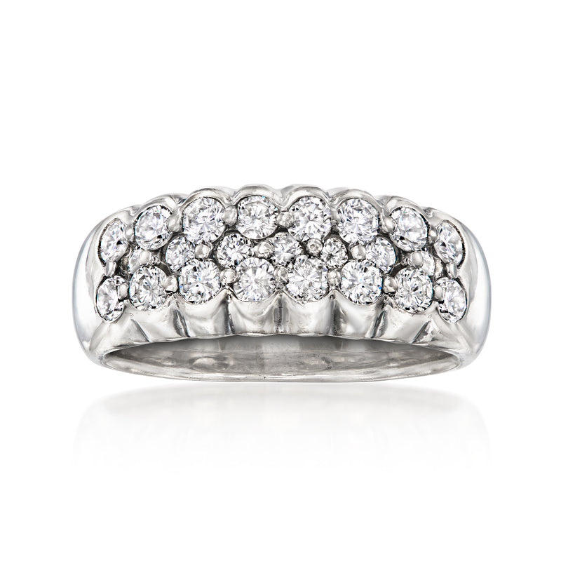 Platinum three-row diamond band ring with round brilliant diamonds, vintage style