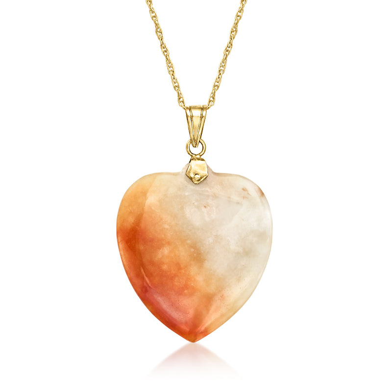 Orange jade heart pendant necklace with 14kt yellow gold chain