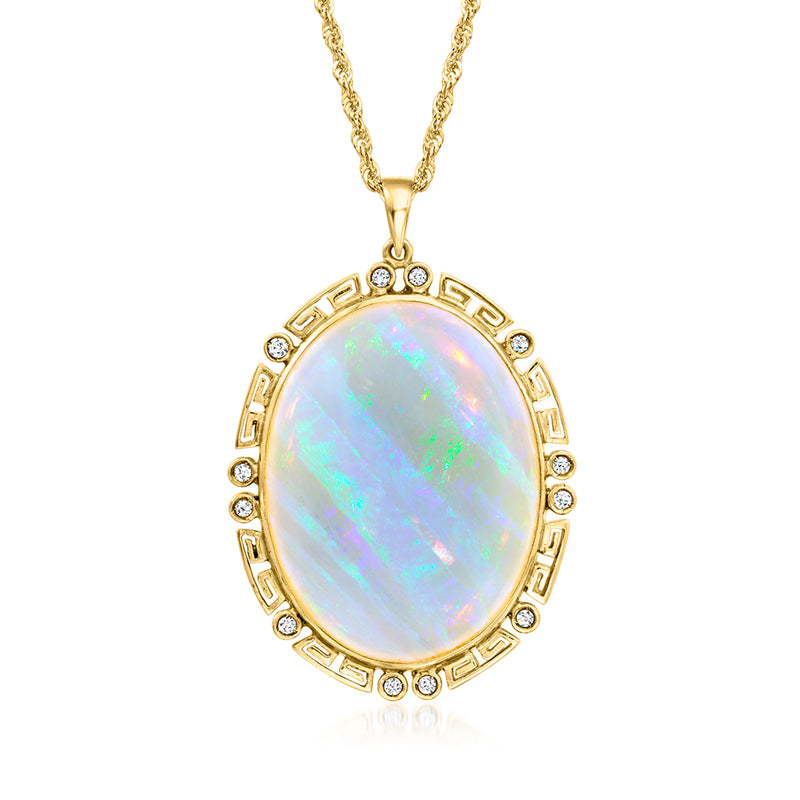 Yellow gold opal pendant necklace with Greek key border and diamond accents, oval center