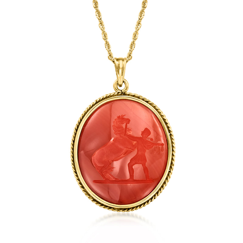 14kt yellow gold pendant necklace with oval red agate intaglio horse-and-rider scene