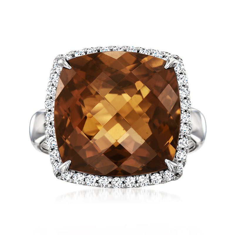 Smoky quartz cushion-cut ring with diamond halo and white gold band