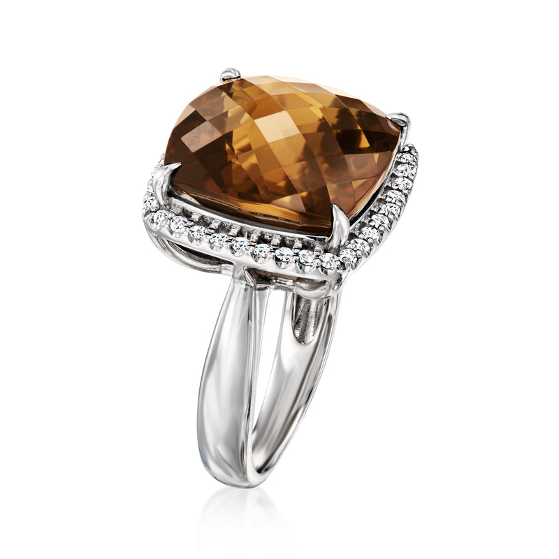 Side view of smoky quartz cushion-cut ring with diamond halo in white gold
