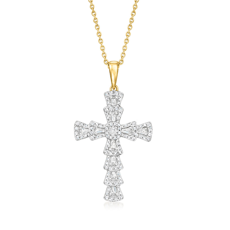 14kt yellow gold cross pendant with round diamonds and flared arms