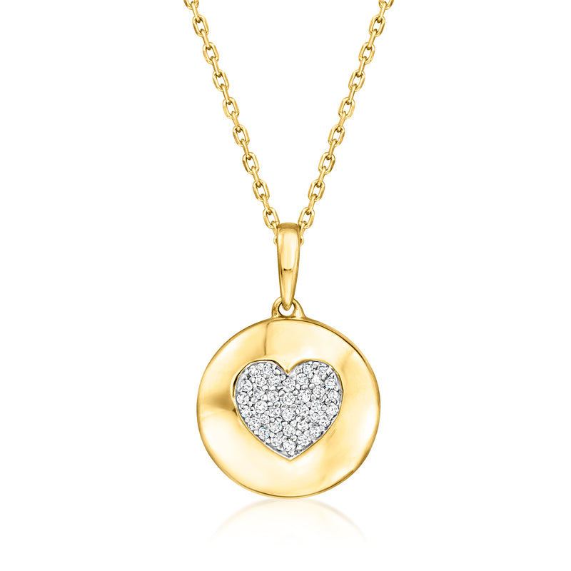 Gold heart disc pendant necklace with diamond heart center